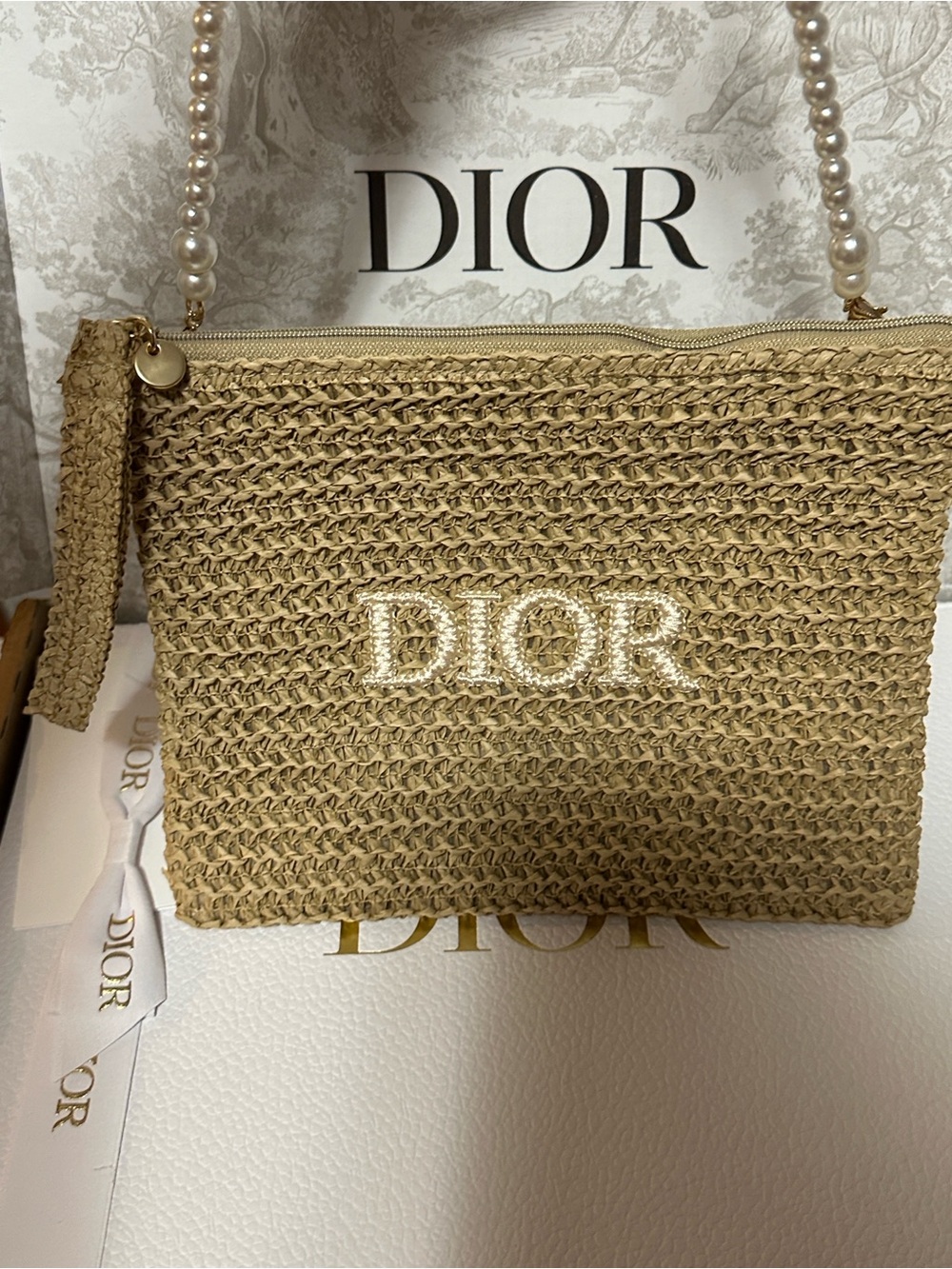 Dior Beauty Tan Woven Raffia Pouch with added Pearl crossbody strap 🤩